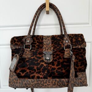 Jenrigo Italian Leather Large Satchel In Leopard Print -Top Handle with Strap